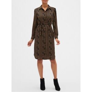 Banana Republic 6 Black Tan Gold Chainlink Long Sleeve Midi Shirt Dress